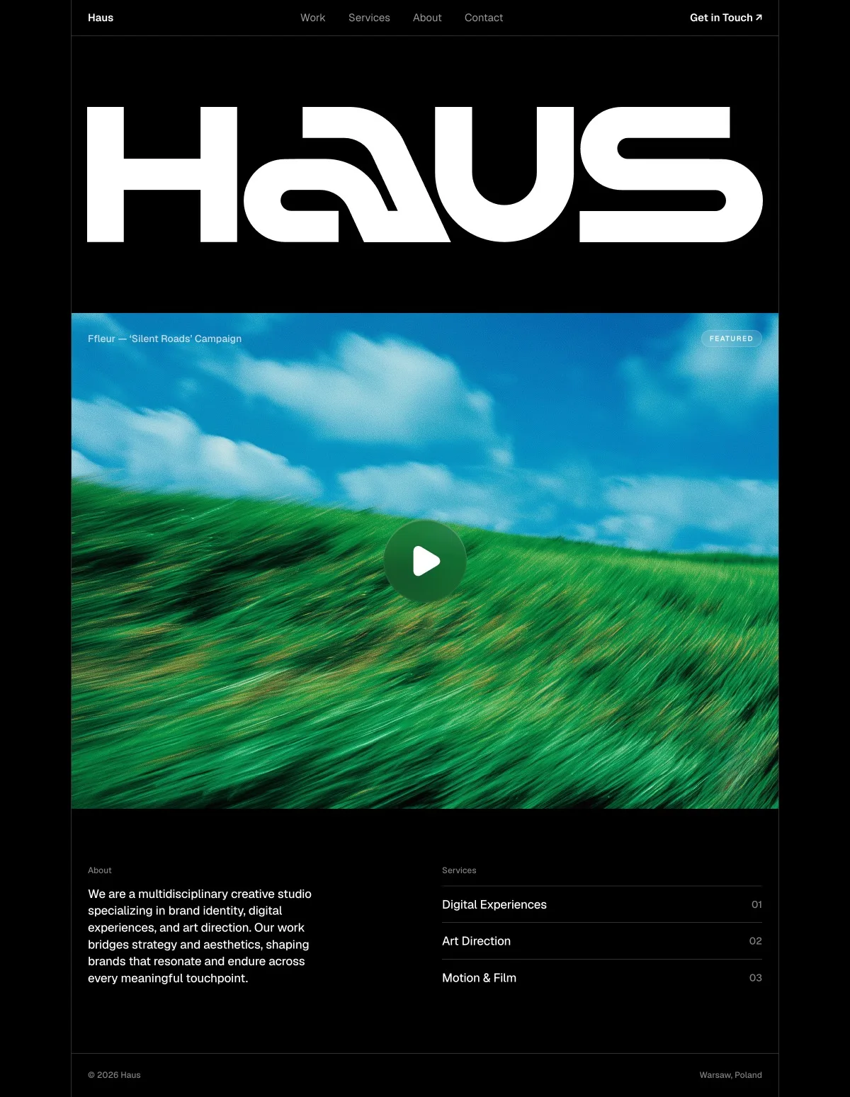 Haus creative studio homepage exploration, generated by the Framer design agent