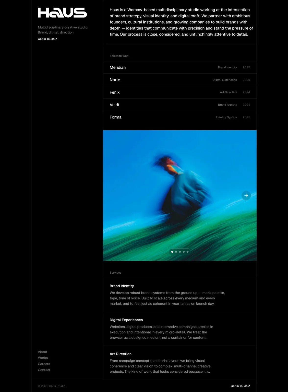Haus homepage side-nav layout variation generated by the design agent