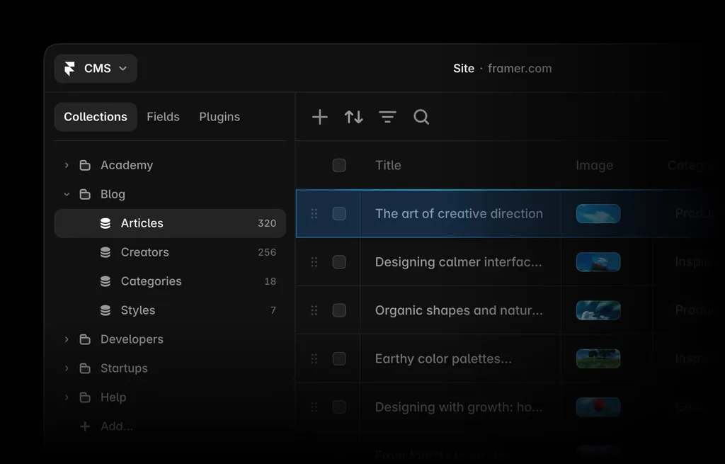 Framer CMS admin table shown by the CMS agent