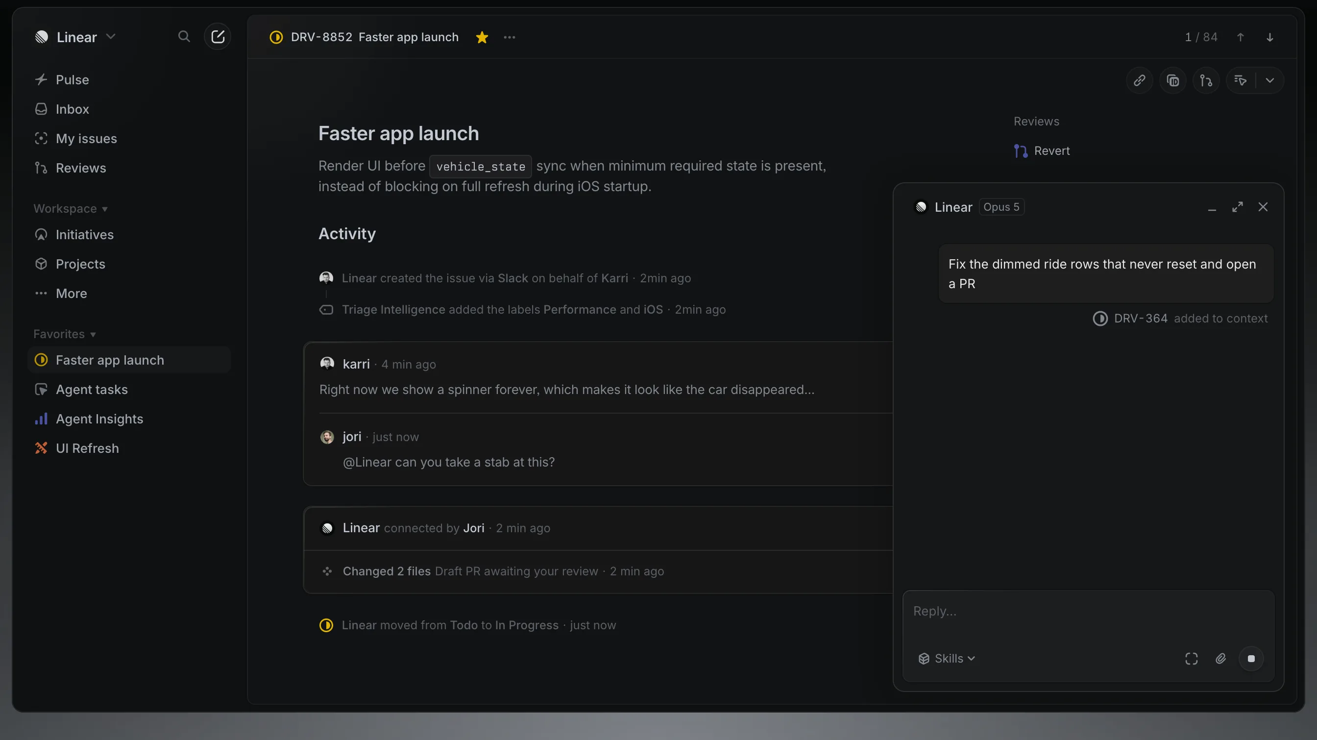 Linear issue view with an AI agent drafting a pull request