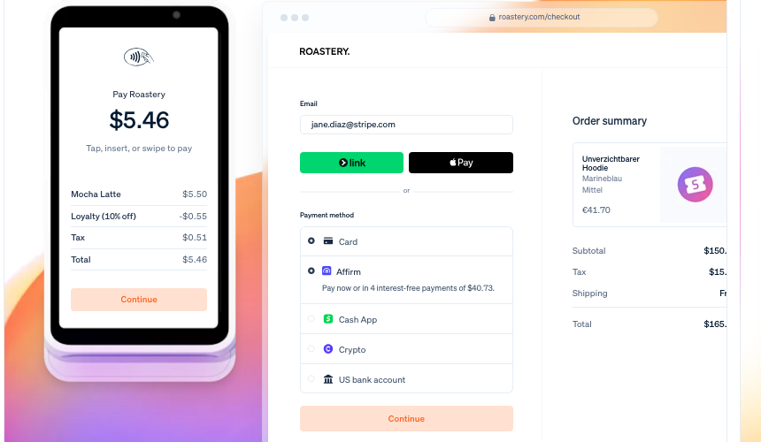 Roastery checkout: tap-to-pay phone + hosted checkout page