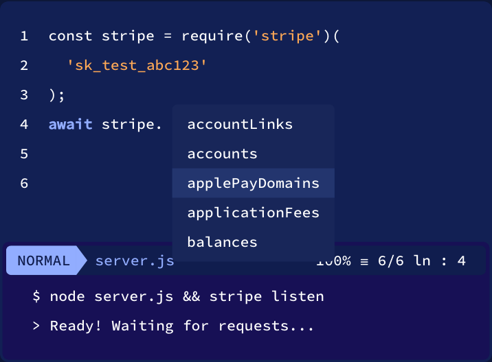 Code editor with Stripe SDK autocomplete